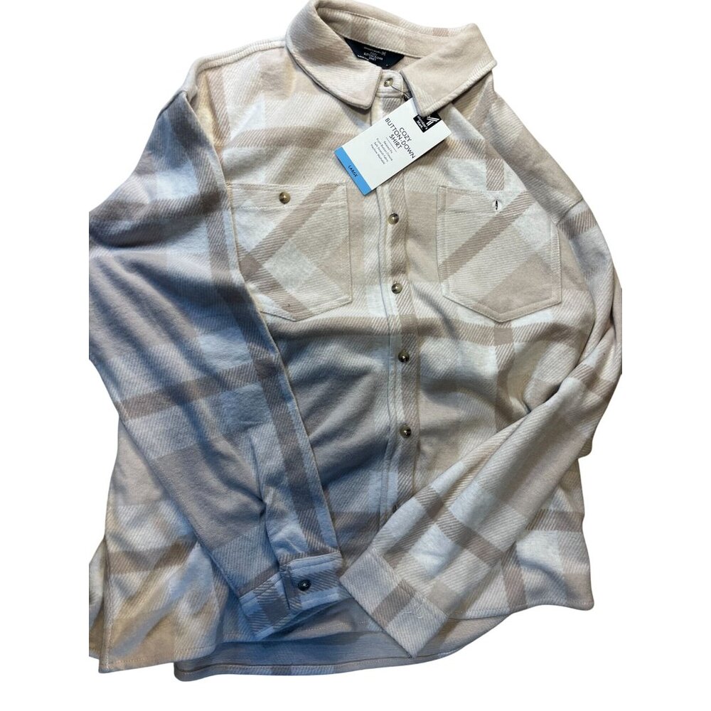 Women's Plaid Cotton Button-Up Shirt Beige & White Size XL